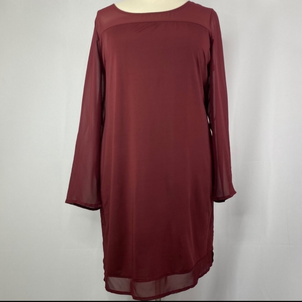 NWOT JUNAROSE Paprika Chiffon-Overlay Sheer-Sleeve Knee-Length Shift Dress